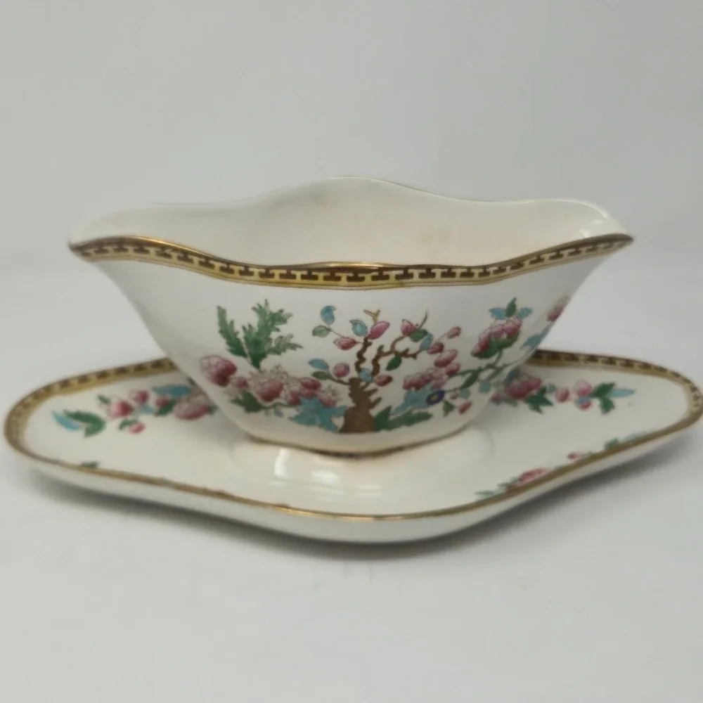 Antique Soho Pottery Indian Tree Gravy Boat Attached Underplate Cobridge England